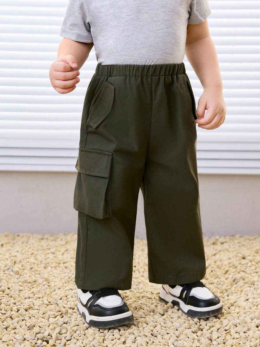 SHEIN 休闲斜口袋直筒宽松纯色编织裤，适合男宝宝和女宝宝，春夏装，居家和户外 - 軍綠色 - 查看 1