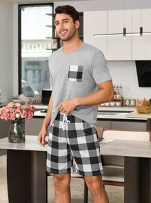 Snug Zone Plaid Print Short Sleeve Shorts Men Pajama Set - Light Grey - View 7