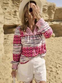 LanaWest Women Geometric Print Long Sleeve Casual Shirt (Printed Pattern Asymmetric) - Pink - View 5