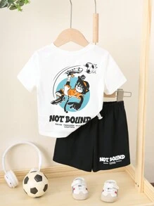 SHEIN 2 Stücke Baby Jungen/Mädchen Outfit mit Fußball- und Katzen-Grafik, Rundhals Kurzarm T-Shirt und schwarze Hose, geeignet für Frühling & Sommer