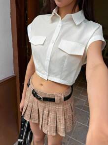 SHEIN EZwear 女士白色休闲修身短款盖袖衬衫 - 白色 - 查看 1