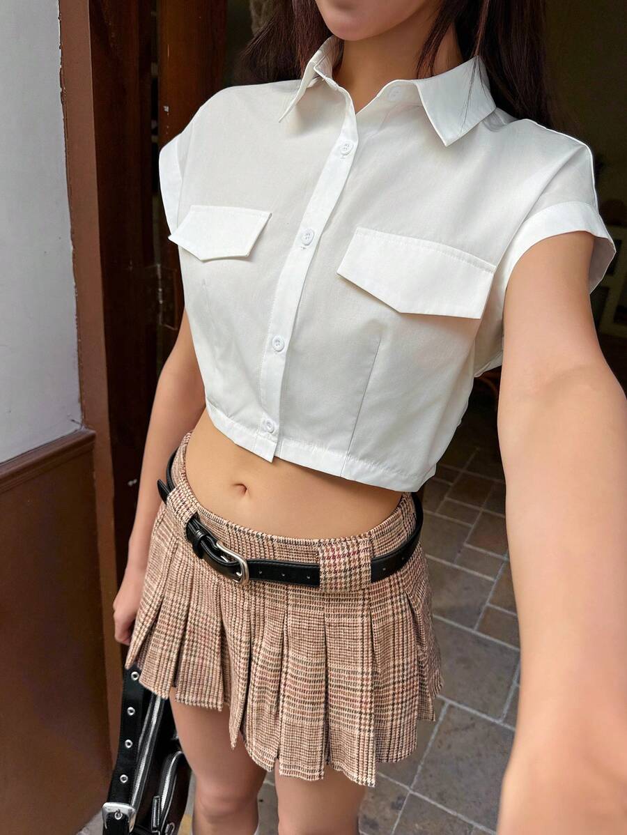 SHEIN EZwear 女士白色休闲修身短款盖袖衬衫 - 白色 - 查看 1