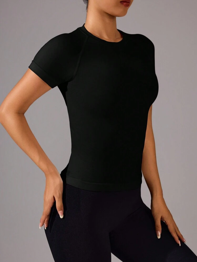 Eassivo Eassivo Casual Solid Color Seamless Short Sleeve Sport T-Shirt Compression Shirt Fitted Shirt Gym Women Shirts - Black - View 6