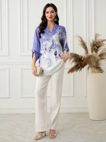 Seusyu Women Floral Print V-Neck Cuffed Sleeve Shirt Fall Cloth For Women - Multicolor - View 5