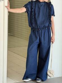 DAZY 2pcs/Set Tween Girl Denim Crew Neck Short Sleeve Top And Wide Leg Denim Pants Outfit, Fall - Blue - View 3