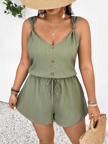 SHEIN Frenchy Plus Size Women's Solid Button Design Casual Romper - Green - View 1