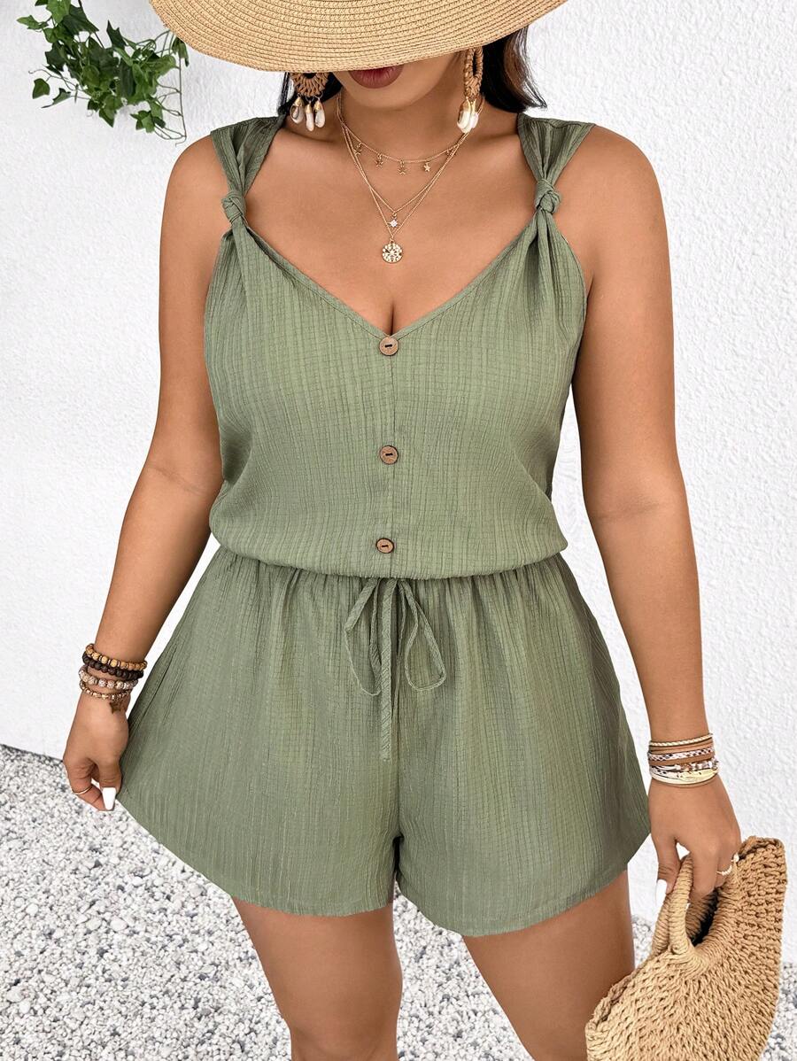 SHEIN Frenchy Plus Size Women's Solid Button Design Casual Romper - Green - View 1