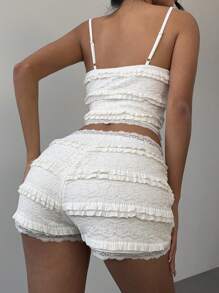 Aloruh 优雅简约蕾丝边吊带背心和迷你热短裤套装，适合居家或户外穿着 - 米色 - 查看 2