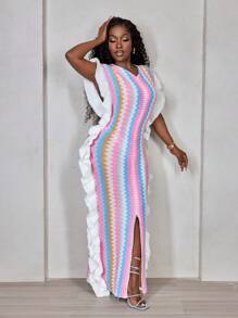 BamGleam Women Striped V-Neck Ruffle Patchwork Slim Sweater Dress - Multicolor - View 5