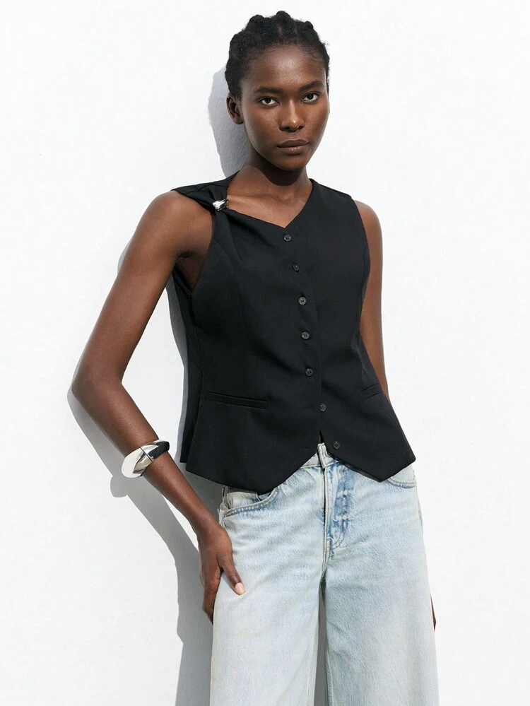 SHEIN Maija 2025 Summer New Fashion Casual Business Women Asymmetric Shoulder Black Metal Decor Front Button Design Minimalist Chic Versatile Urban Daily Commute Stylish Sleeveless Tank Top, Spring Break Business Casual, Ibiza