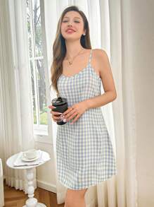 Dream Adore Plaid Strap Nightgown, Casual And Fashionable For Daily Wear