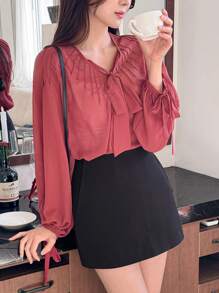 DAZY 优雅通勤夏季上衣，纯色宽松系带长袖女式衬衫学院风上衣 - 紅色 - 查看 7