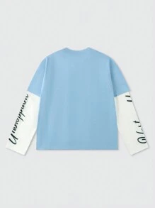 ROMWE MEN Street Life Men's Thick 2 In 1 Patchwork Long Sleeve T-Shirt, Streetwear - Blue and White - View 2