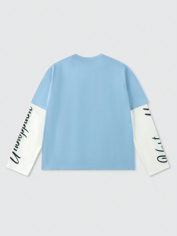 ROMWE MEN Street Life Men's Thick 2 In 1 Patchwork Long Sleeve T-Shirt, Streetwear - Blue and White - View 2