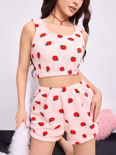 Kawaii Süßes, warmes Plüsch-Pyjama-Set mit Erdbeer-Print und Shorts