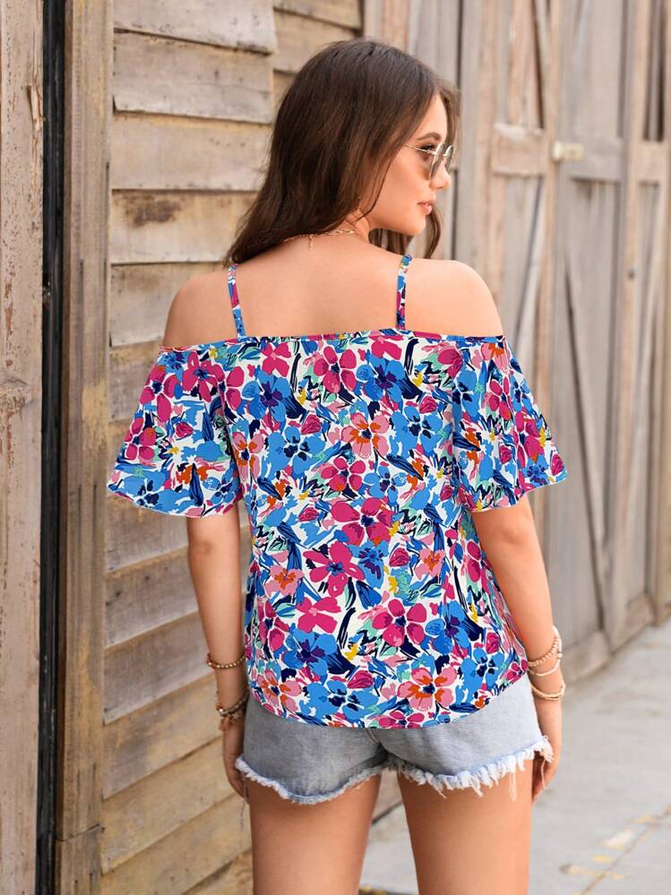 SHEIN VCAY 女士花卉印花露肩短袖假日衬衫 - 彩色 - 查看 2