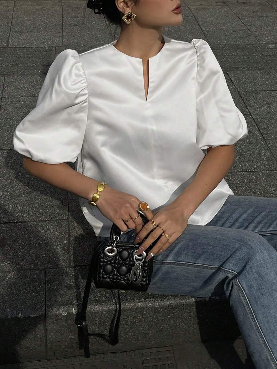 INAWLY 休闲泡泡袖衬衫，纯色