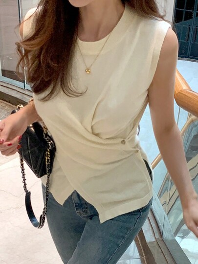 DAZY 女士圆领不对称扭纹纯色无袖针织上衣，杏色，春夏