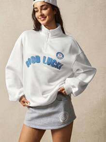VARSITIE 长袖健身上衣 白色立领长袖宽松休闲字母印花拉链羊毛连帽衫 - 白色 - 查看 2
