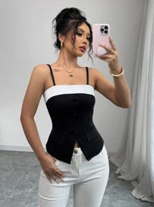 Franclia 休闲女式撞色纽扣背心 - 黑與白 - 查看 8