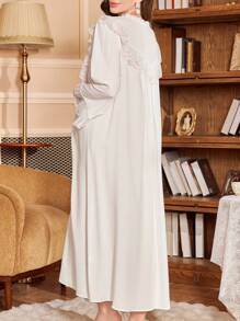 PalaceNights 宫廷风刺绣长袖宽松舒适孕妇睡裙，娃娃款奢华家居服，秋冬款 - 白色 - 查看 2