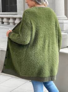 Calvaya Plus Size Women's Solid Color Simple Casual Fluffy Long Sleeve Cardigan - Army Green - View 2