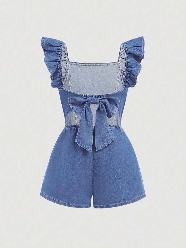 SHEIN Girlism Tween Girls Summer Boho Backless Denim Playsuit With Cute Ruffle Hem And Bowknot, Summer Beach Denim Romper
