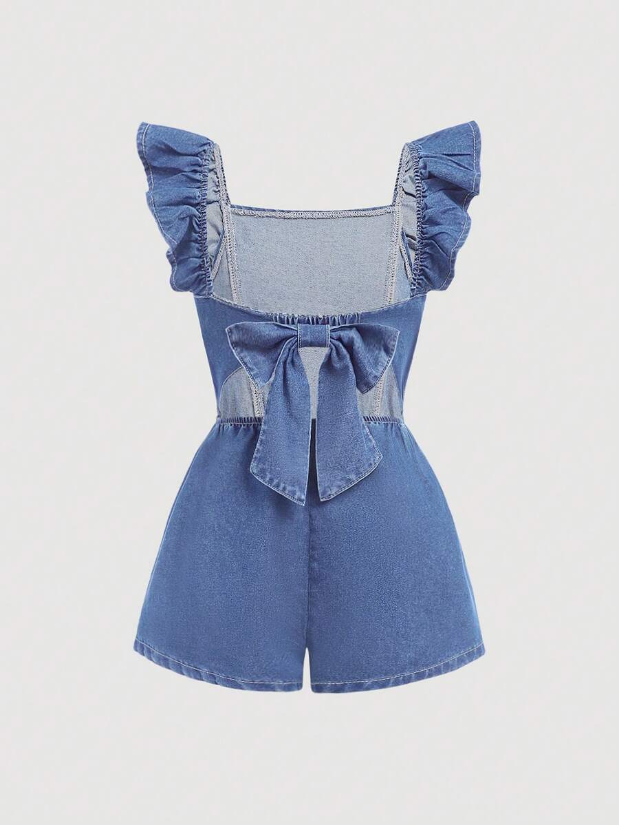 SHEIN Girlism Tween Girls Summer Boho Backless Denim Playsuit With Cute Ruffle Hem And Bowknot, Summer Beach Denim Romper - Light Wash - View 1