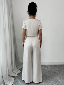 Chiquease 女士优雅系带前蝴蝶结 V 领上衣和直筒裤 2 件套，适合通勤和休闲穿着