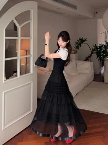 DAZY 女式荷叶边欧根纱长裙，适合夏季和情人节 - 黑色 - 查看 5