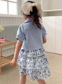 DAZY 2 Stücke/Set Kleine Mädchen Herbstoutfit mit Blumenmuster - Blau - Übersicht 5