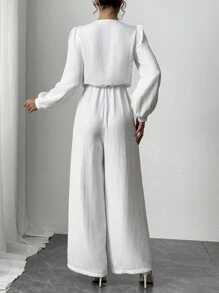SHEIN Privé Women's Elegant Vacation Casual Fashion Front Tie High Waist Long Sleeve White Jumpsuit, Autumn