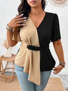 SHEIN LUNE Plus Size Contrast V-Neck Bell Sleeve Asymmetrical Hem Women Casual Blouse For Summer