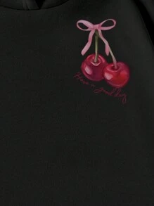 Teen Girl Casual Solid Color Cherry Letter Cute Bowknot Hooded Pocket Sweatshirt, Suitable For Autumn/Winter - Multicolor - View 4