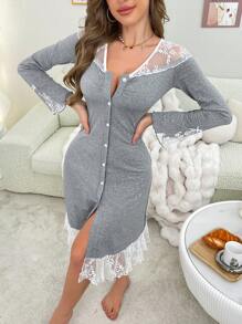 Romantic Lace Splice Ruffle Trim Long Sleeve Women Nightgown Babydoll Holiday Season, Cozy And Elegant Details, Fall & Winter - Grey - View 3