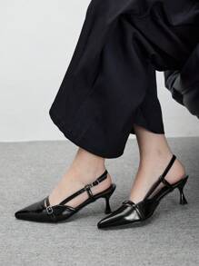 CUCCOO BIZCHIC 女士尖头镂空踝带小猫高跟鞋，优雅别致的正式一脚蹬办公室高跟鞋，舒适的黑色仿皮工作鞋或情人节约会鞋 - 黑色 - 查看 5