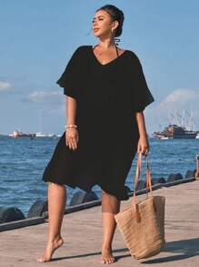 Swim Lushoire Plus Size Solid Color Ruffle Hem Beach Cover Up Black Dress For Summer Beach Vacation - Black - View 7