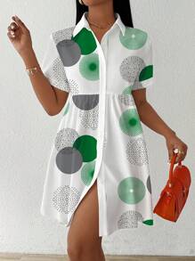 VaVaBold Button-Front Short Sleeve All-Over Print Casual Short Dress Women Shirt - Green - View 5