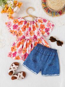 2 件套年轻女孩休闲露肩短袖印花上衣 + 牛仔效果短裤套装，春季服装，春夏