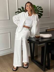 Livesso Conjunto informal de 2 piezas de estilo vintage para el verano, camisa de manga larga de corte holgado y pantalones de pierna ancha para mujer, conjunto de ropa de estar en casa para otoño para mujeres - Blanco - Ver 3