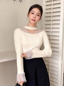 DAZY Lace Patchwork Turtleneck Sweater For Women, Minimalist Fashion Casual Daily Wear,Fall Women Clothes