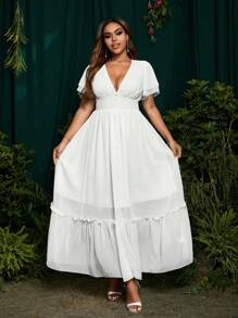 SHEIN Belle 大码纯色 V 领短袖褶边优雅白色连衣裙 - 白色 - 查看 5