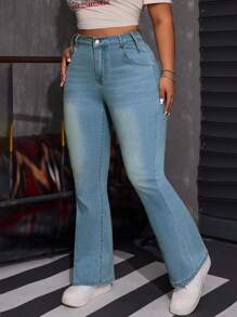 SHEIN ICON 大码弹力修身洗水喇叭牛仔裤 - 淺色水洗藍 - 查看 5