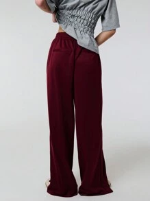 TypaGal Solid Color Wide Leg Sweat Joggers With Contrast Piping - Burgundy - View 2