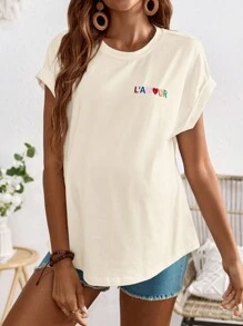 SHEIN 休闲度假字母刺绣蝙蝠袖孕妇 T 恤 - 杏色 - 查看 3