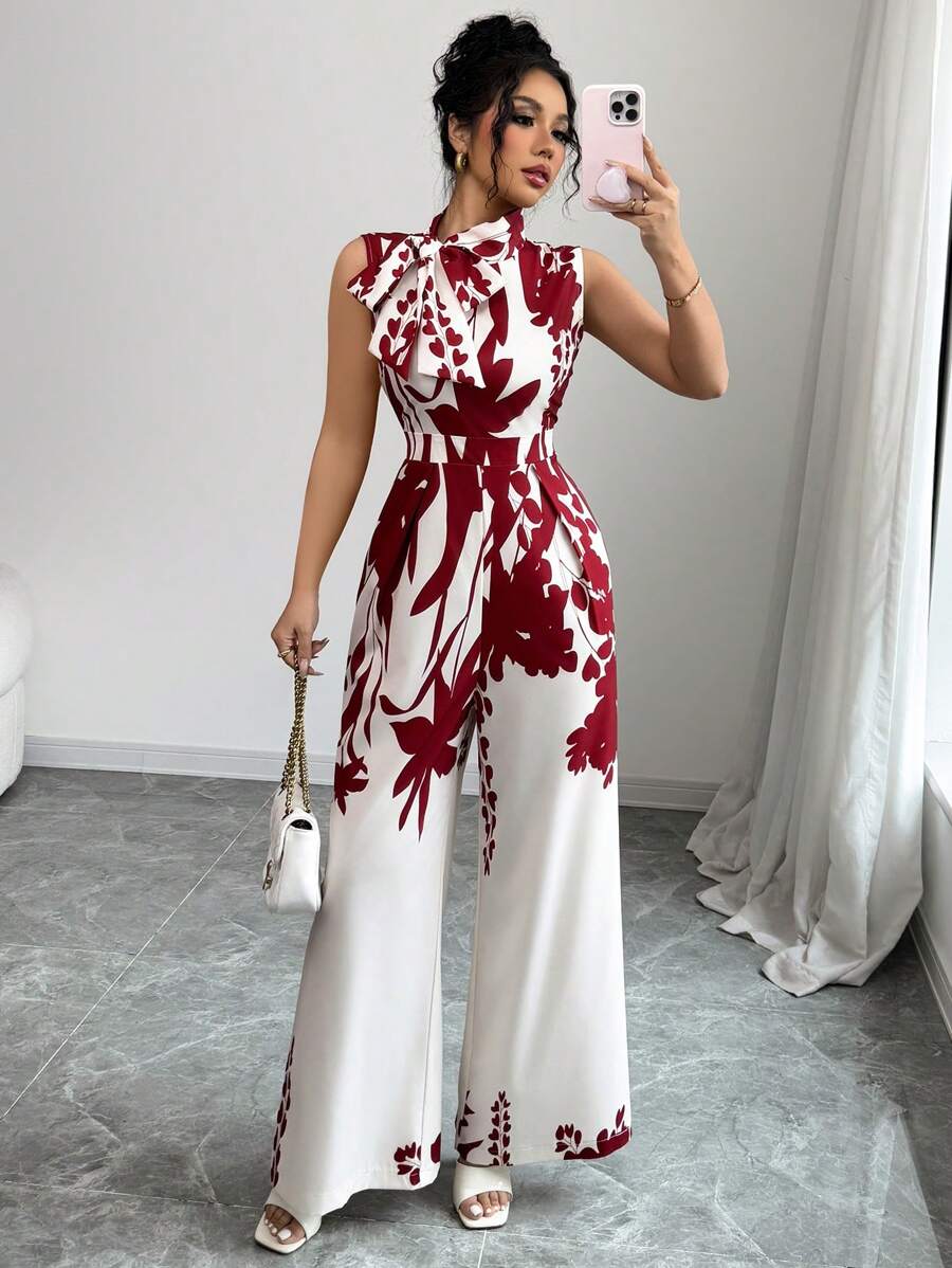 Rafferiza 女士系带蝴蝶领无袖数码印花连身裤 - 彩色 - 查看 1