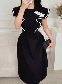 Modelyn Vestido con dobladillo de volantes de patchwork con decoración de flor 3D para mujeres - Negro - Ver 5