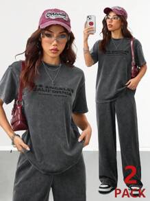 Coolane 女士春夏情侣同款日常穿着外出休闲水洗针织 T 恤和慢跑裤两件套服装，X MICHELLE K GRAPHICS