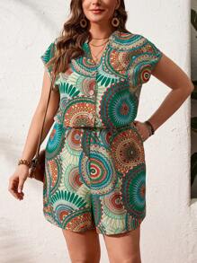 SHEIN LUNE Combinaison casual d'été pour femme grande taille avec motif géométrique, col chemise, design taille élastique, pour sortie et usage quotidien - Multicolore - Voir 6