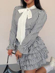 Celure Plus Size Women 2pcs Set: Striped Bowknot Blouse & Cake Skirt